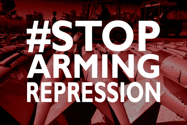 the hashtag in big white letters: "#StopArmingRepression. The background is a red, white and black photo of a row of bombs.