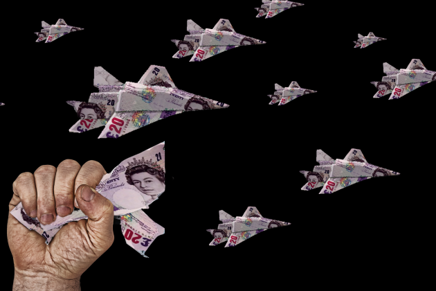 Fist of solidarity plucks a fighterjet made of British money out of the air