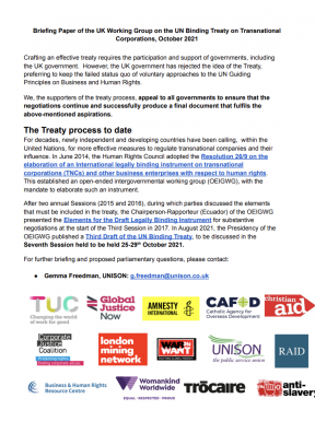 Briefing Paper of the UK Working Group on the UN Binding Treaty on Transnational Corporations, October 2021